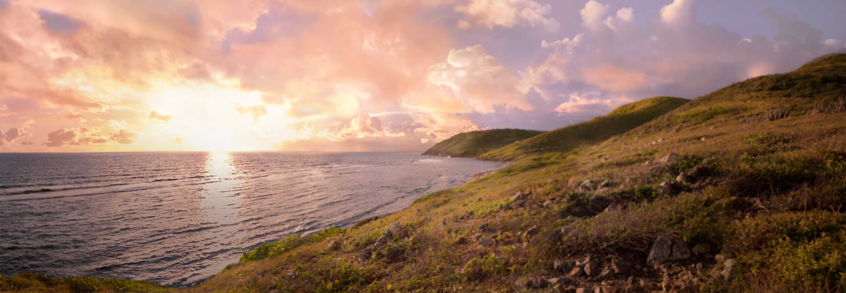 Smiling woman on hilltop watching sunrise over ocean